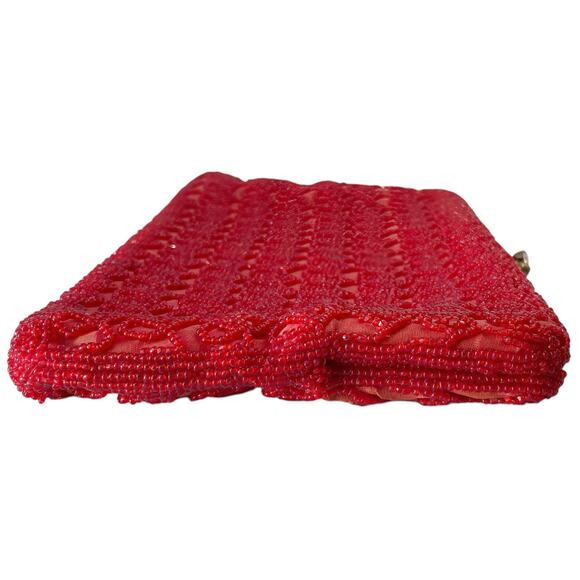 Vintage 60s Ruby Red Beaded Clutch | Rhinestone Kiss Lock Evening Bag - Picture 2 of 8